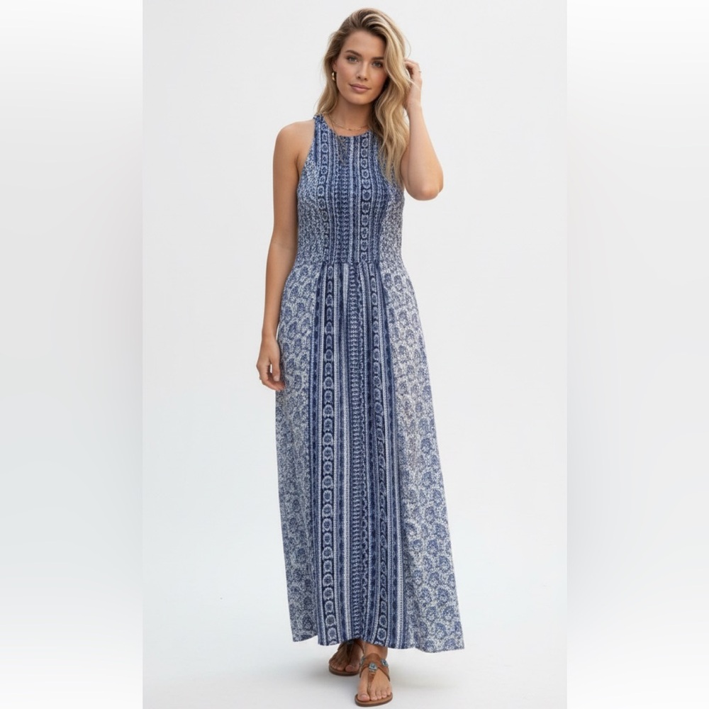 House of Harlow 1960 Smocked Maxi Dress Blue Print Size XS Resortwear Boho Beach
